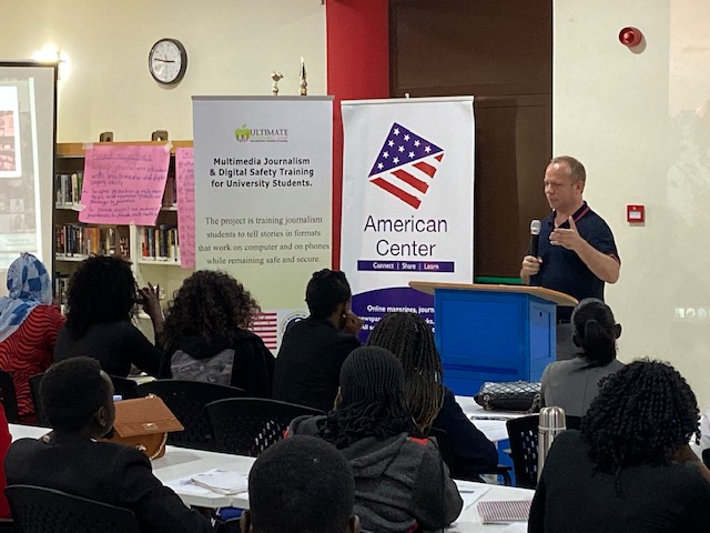 David speaking to journalists and students in Uganda, October 2019